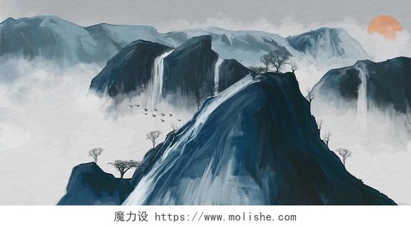 中国风水墨水彩山水画群山风景原创插画素材